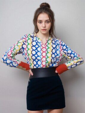 Tizzie Top with geometric circular patterns with hints of animal print